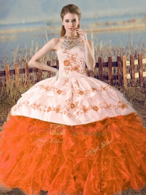 Sleeveless Embroidery Lace Up Quinceanera Dress with Orange and Rust Red Court Train