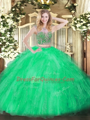 Floor Length Green Quinceanera Gown Tulle Sleeveless Beading and Ruffles