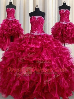 Custom Made Four Piece Sleeveless Organza Floor Length Lace Up Sweet 16 Dress in Burgundy with Beading and Ruffles