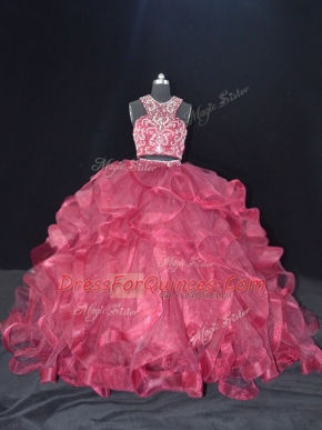Fabulous Brush Train Two Pieces Quinceanera Gowns Burgundy Scoop Organza Sleeveless Backless