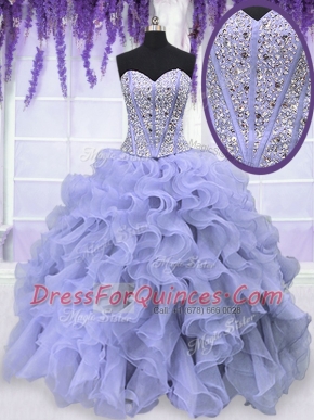 Lavender Ball Gowns Sweetheart Sleeveless Organza Floor Length Lace Up Beading and Ruffles Sweet 16 Dress
