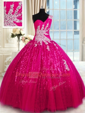 One Shoulder Sleeveless Tulle and Sequined Quince Ball Gowns Appliques Lace Up