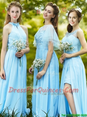 Modest Light Blue Empire Long Prom Dresses with Appliques