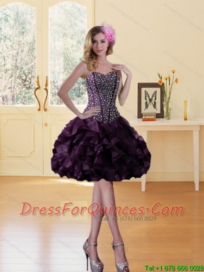 Beaded Burgundy Sweetheart Dama Dresses with Ruffled Layers