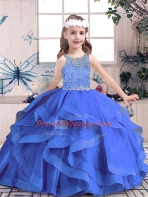 Blue Sleeveless Tulle Lace Up Pageant Gowns For Girls for Party and Sweet 16 and Wedding Party