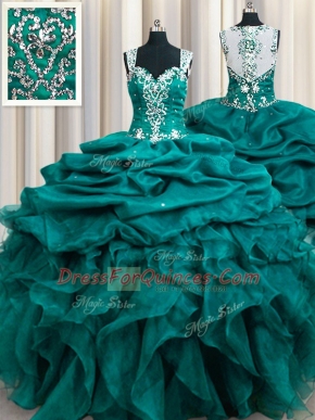Affordable Straps Teal Sleeveless Beading and Ruffles and Pick Ups Floor Length Ball Gown Prom Dress