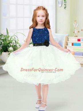 Lovely Blue And White Scoop Zipper Sequins and Hand Made Flower Flower Girl Dress Sleeveless