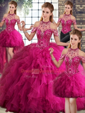 Deluxe Fuchsia Sleeveless Tulle Lace Up Ball Gown Prom Dress for Military Ball and Sweet 16 and Quinceanera