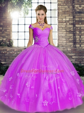 Lavender Ball Gowns Beading and Appliques Quince Ball Gowns Lace Up Tulle Sleeveless Floor Length