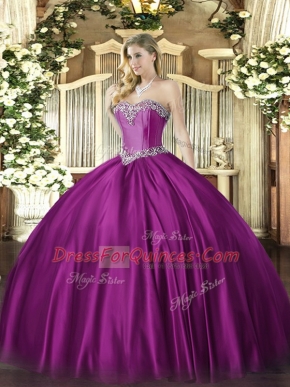 Fuchsia Vestidos de Quinceanera Military Ball and Sweet 16 and Quinceanera with Beading Sweetheart Sleeveless Lace Up