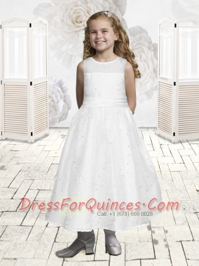 Smart White Scoop Ankle-length Flower Girl Dress with Embroidery