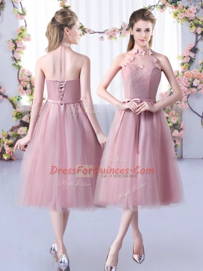 High Quality Tea Length Lace Up Quinceanera Court of Honor Dress Pink for Wedding Party with Appliques and Belt
