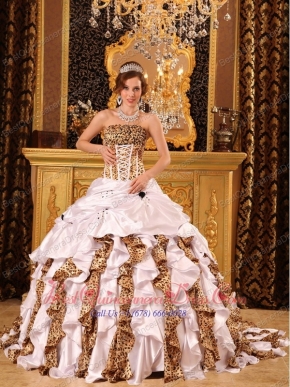 White Ball Gown Strapless Brush Train Taffeta and Zebra Quinceanera Dress