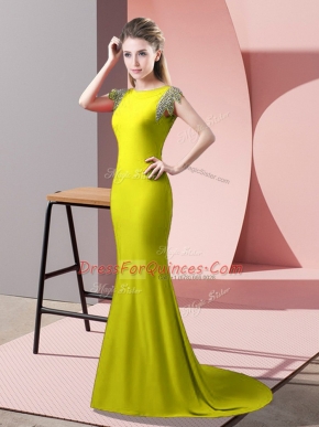Admirable Yellow Green Short Sleeves Elastic Woven Satin Brush Train Backless for Prom and Party