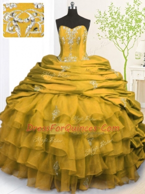 Strapless Sleeveless Organza and Taffeta 15 Quinceanera Dress Beading and Appliques and Ruffled Layers and Pick Ups Brush Train Lace Up
