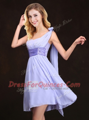 Enchanting One Shoulder Sleeveless Quinceanera Dama Dress Mini Length Ruching and Hand Made Flower Lavender Chiffon