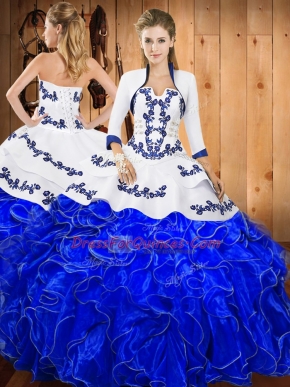 Fitting Blue And White Sleeveless Floor Length Embroidery and Ruffles Lace Up Quince Ball Gowns
