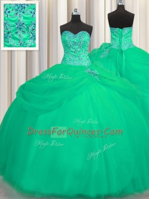 Big Puffy Turquoise Tulle Lace Up Sweetheart Sleeveless Floor Length Quinceanera Gown Beading