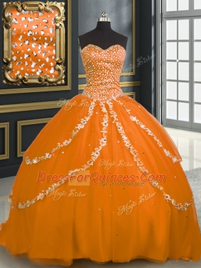 Orange Sleeveless Tulle Brush Train Lace Up Quinceanera Gowns for Military Ball and Sweet 16 and Quinceanera
