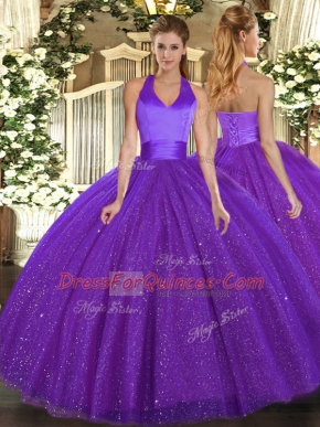 Purple Ball Gowns Sequins 15th Birthday Dress Lace Up Tulle Sleeveless Floor Length