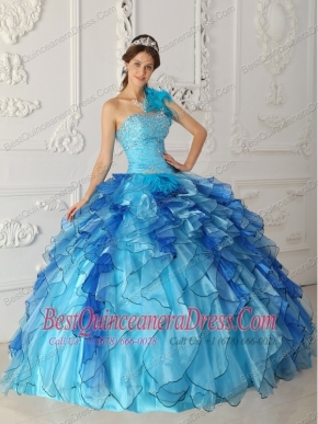 Aqua Blue Ball Gown One-shoulder Floor-length   Satin and Organza Beading Quinceanera Dress