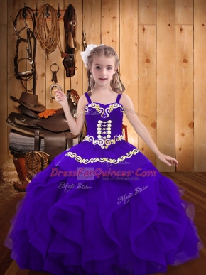 Eggplant Purple Straps Lace Up Embroidery and Ruffles Pageant Gowns Sleeveless