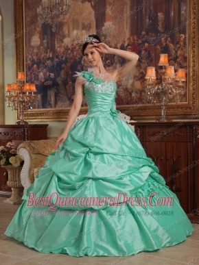 Apple Green Ball Gown One Shoulder Floor-length Hand Flowers Taffeta Quinceanera Dress