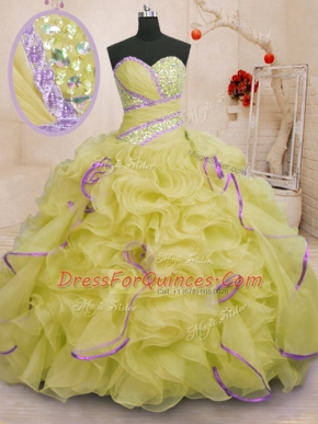 On Sale Yellow Organza Lace Up Sweet 16 Quinceanera Dress Sleeveless With Brush Train Beading and Ruffles