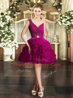 Cute Fuchsia Organza Backless V-neck Sleeveless Mini Length Prom Dress Beading and Ruffles