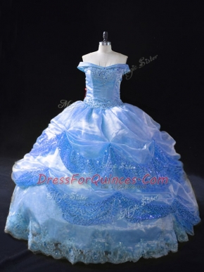 Floor Length Blue Quinceanera Gown Off The Shoulder Sleeveless Lace Up