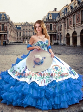 Nice Blue And White Sleeveless Floor Length Embroidery and Ruffled Layers Lace Up Quince Ball Gowns