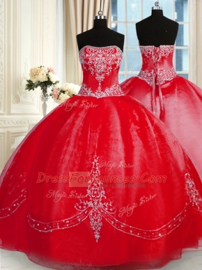 Floor Length Red Quince Ball Gowns Tulle Sleeveless Beading and Embroidery