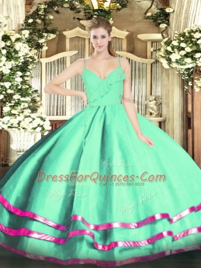 Sophisticated Floor Length Apple Green Quinceanera Gown Spaghetti Straps Sleeveless Zipper