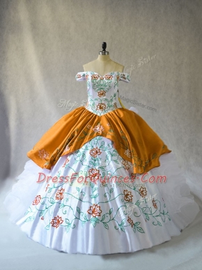 Exceptional Embroidery and Ruffles Ball Gown Prom Dress Gold Lace Up Sleeveless Floor Length