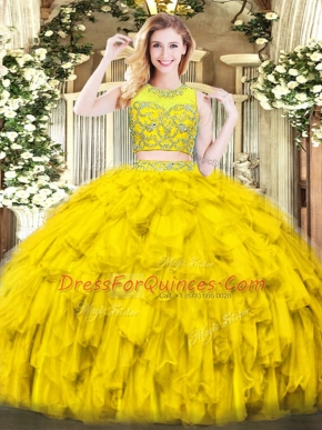 Fashion Gold Zipper Sweet 16 Dresses Beading and Ruffles Sleeveless Floor Length
