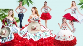 Ideal Red Ball Gowns Sweetheart Sleeveless Organza Floor Length Lace Up Embroidery and Ruffled Layers Ball Gown Prom Dress