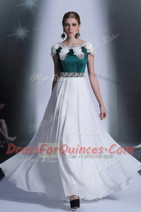 Gorgeous White Empire Scoop Cap Sleeves Chiffon Floor Length Zipper Appliques