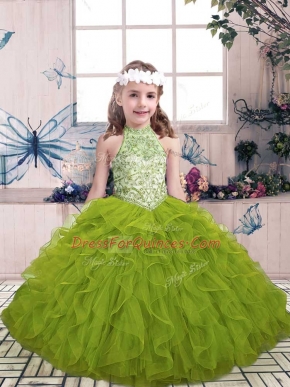 High-neck Sleeveless Little Girls Pageant Gowns Floor Length Beading and Ruffles Olive Green Tulle