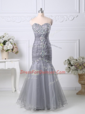Sweetheart Sleeveless Tulle Prom Dress Beading and Ruching Zipper