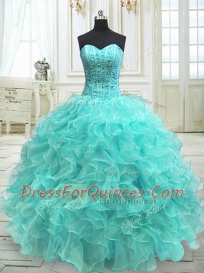 Hot Sale Beading and Ruffles Vestidos de Quinceanera Aqua Blue Lace Up Sleeveless Floor Length