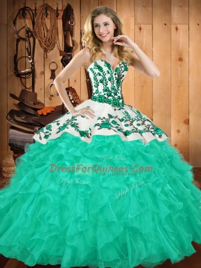 Turquoise Sweetheart Neckline Embroidery and Ruffles Quinceanera Dresses Sleeveless Lace Up