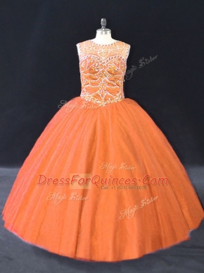 Tulle Scoop Sleeveless Lace Up Beading Sweet 16 Dress in Orange