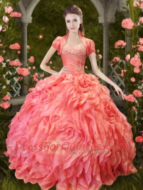 Classical Luxurious Puffy Skirt Beaded and Ruffled Quinceanera Dress in Orange Red