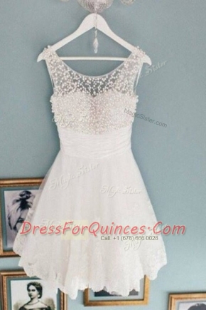 Scoop Lace Knee Length A-line Sleeveless White Evening Dress Zipper