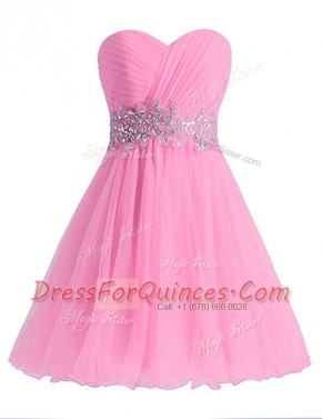 Modest Knee Length Rose Pink Dress for Prom Sweetheart Sleeveless Lace Up
