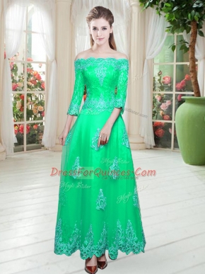 Lovely Floor Length Turquoise Homecoming Dress Off The Shoulder 3 4 Length Sleeve Lace Up