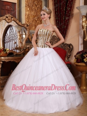 White Ball Gown Strapless Floor-length Tulle Sequins Quinceanera Dress