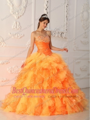 Orange Red Ball Gown Sweetheart Floor-length Organza Beading and Ruch Quinceanera Dress