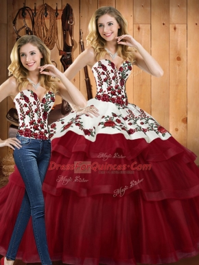 Wine Red Ball Gowns Embroidery Quinceanera Gown Lace Up Organza Sleeveless