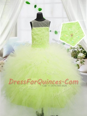 Scoop Sleeveless Little Girls Pageant Gowns Floor Length Beading and Appliques Yellow Green Tulle